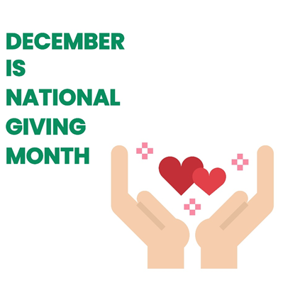 December is National Giving Month title with illustrated hands holding two heart shapes.