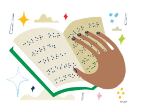 Illustration of a hand reading braille text