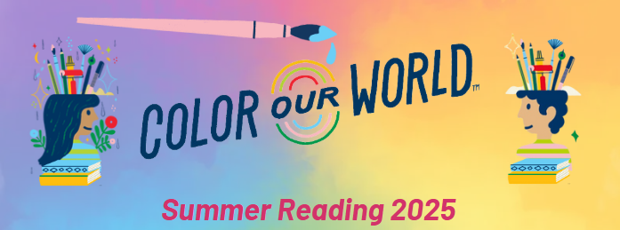 Color Our World image with the title text in the center over a gradient background from purple to yellow, left to right. A girls head with paintbrushes and pens is on the left, a boys head with paintbrushes and pens coming out of the top is on the right.