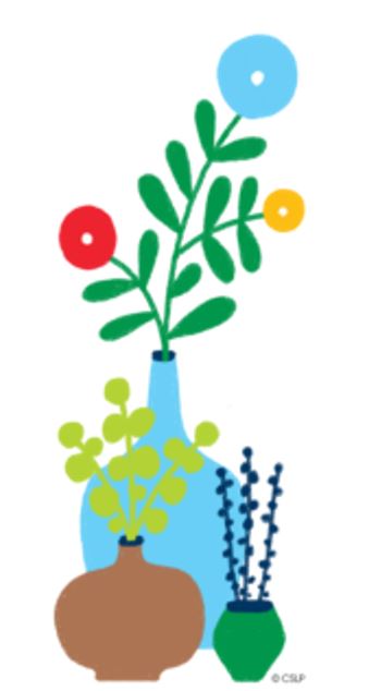 Illustration of flowers and plants in vases.