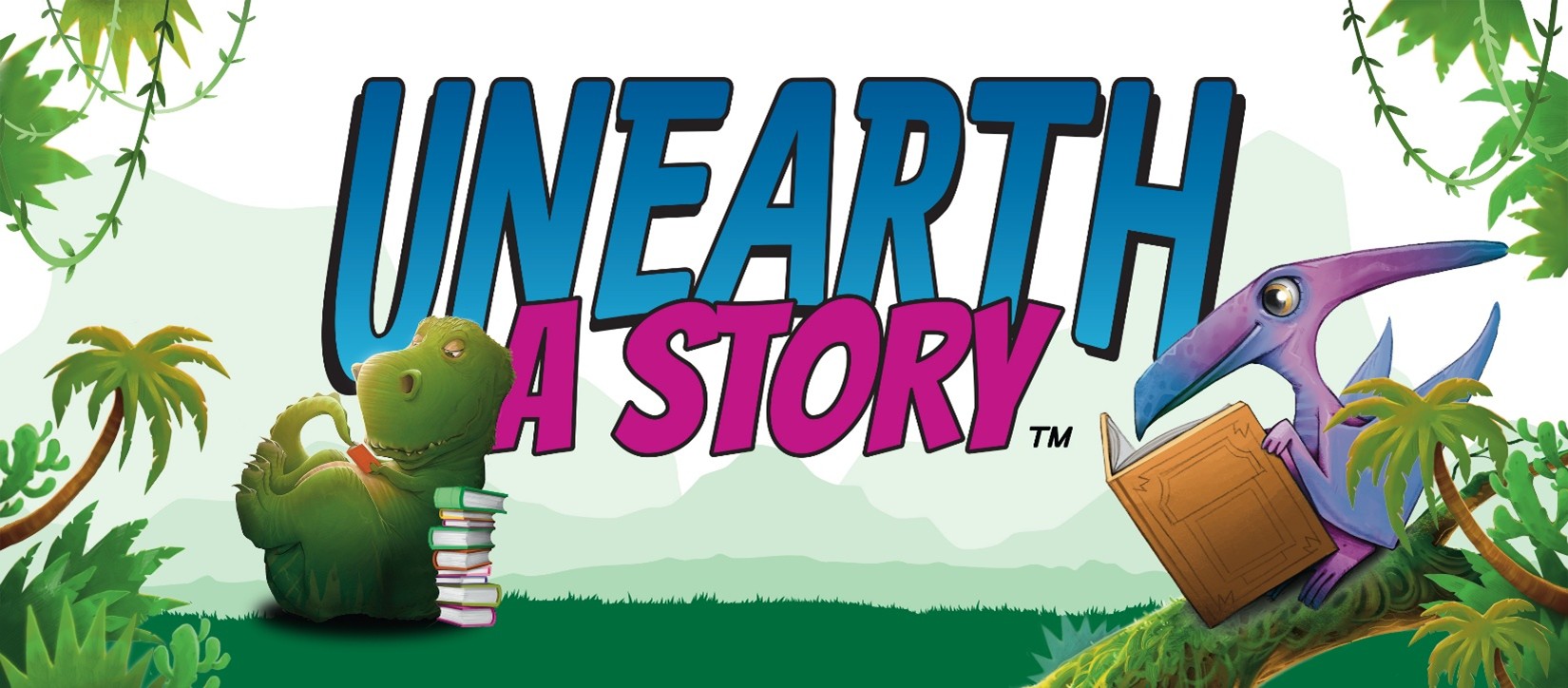 An image of two dinosaurs reading and the words Unearth a Story written in big letters.