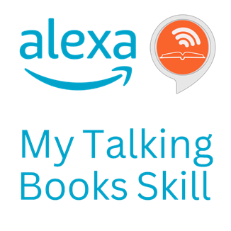 Logo fo Alexa, My Talking Book Skill. The text in blue and an orange dot with a wifi symbol in it.